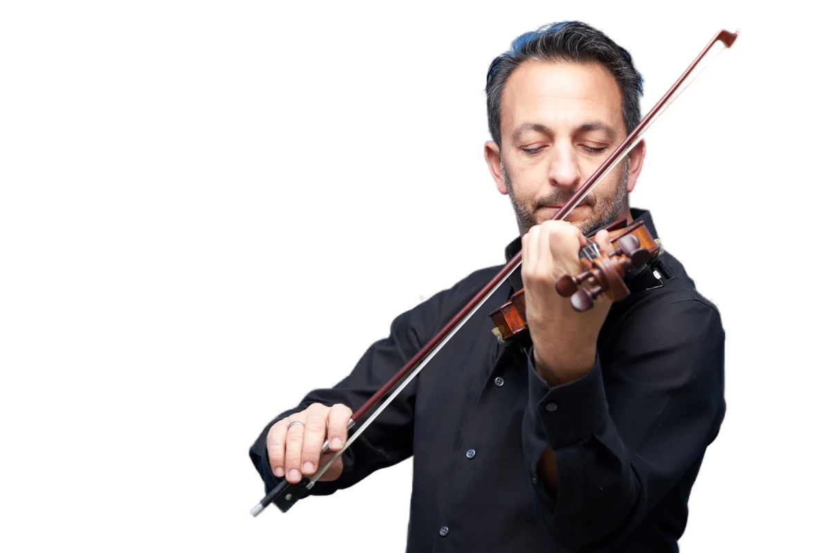 Richard Amoroso playing violin, shown as a background-free photographic cutout