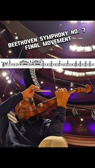 Richard playing in an orchestra beneath the words Beethoven Symphony No. 7