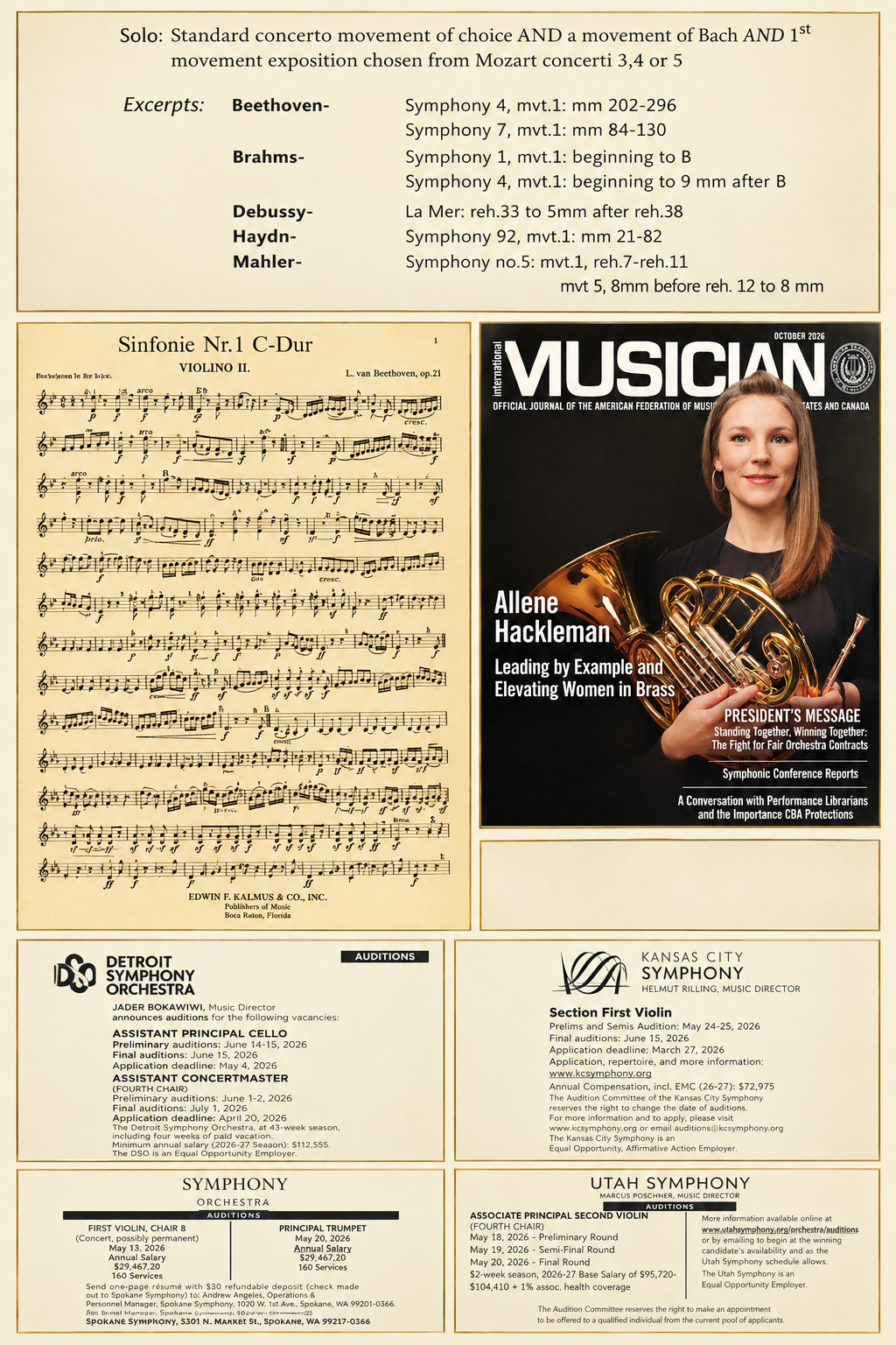 Collage of orchestral audition repertoire, sheet music, and musician magazine pages