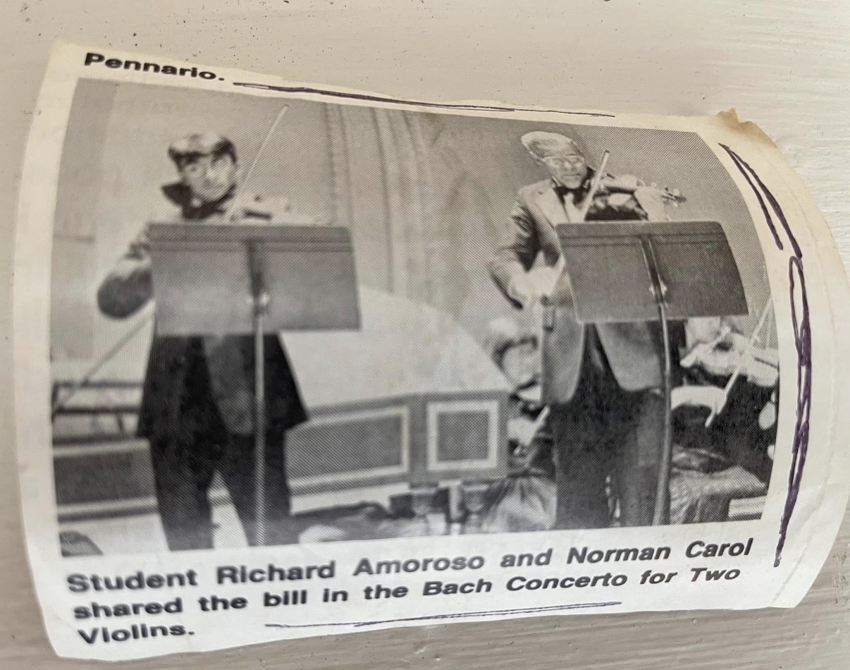 Newspaper photograph of Richard Amoroso and Norman Carol performing the Bach Concerto for Two Violins