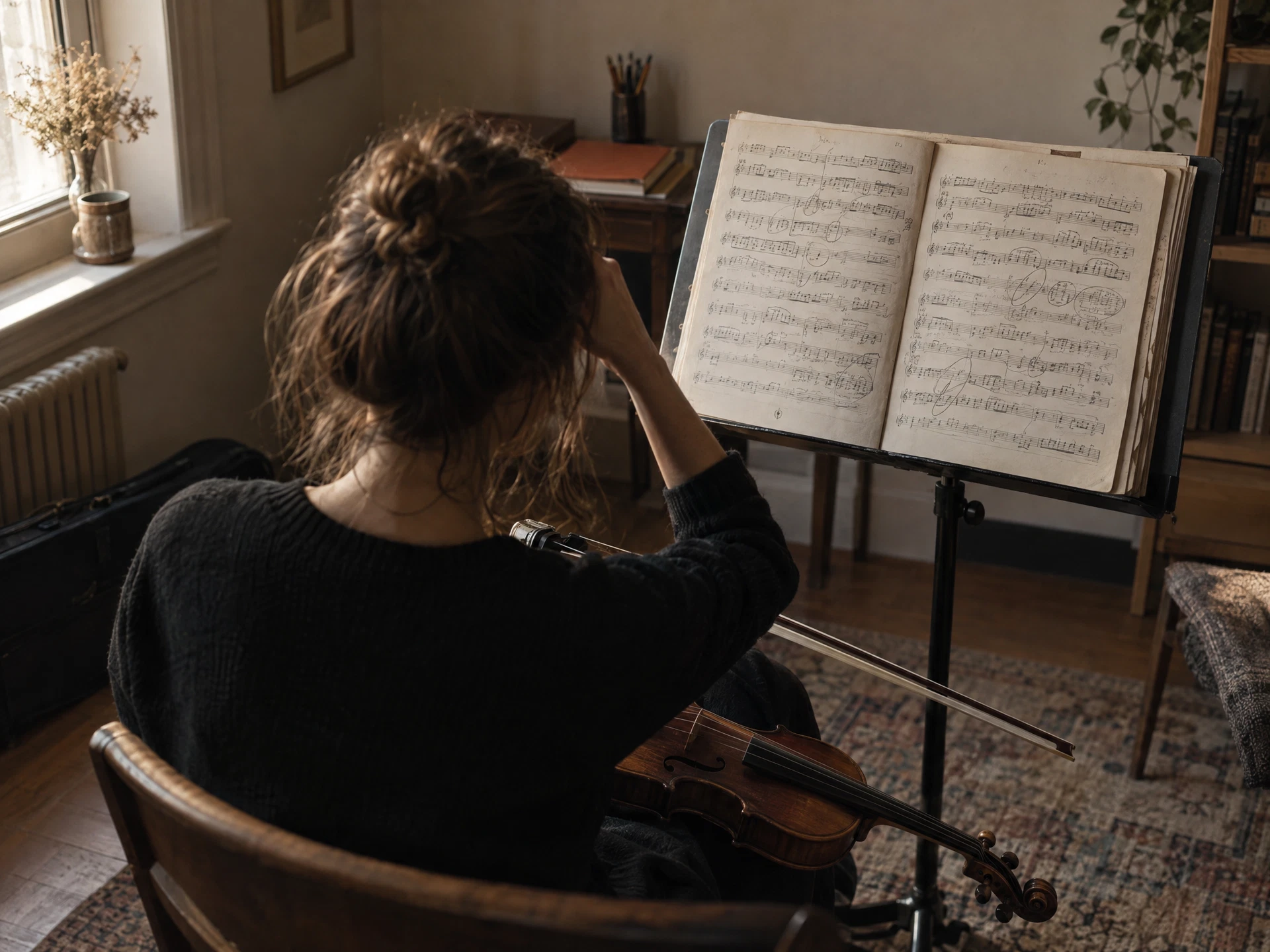 An adult violinist pauses beside a music stand after a frustrating practice session